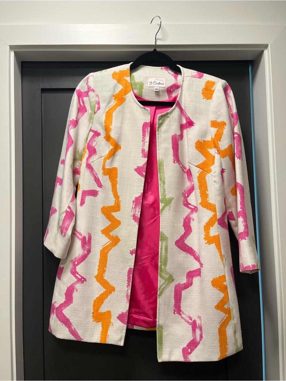 3 Sisters White Open-Front Coat with Pink, Orange & Lime Brushstroke Print